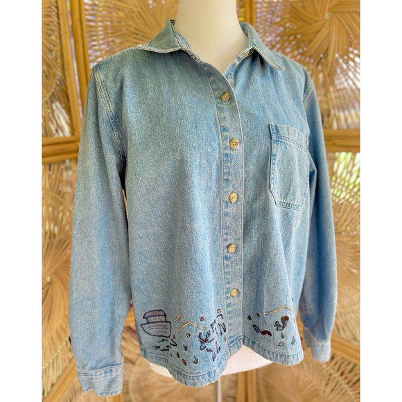 Vintage Christopher & Banks Denim Long Sleeve Noah’s Ark Button Down Shirt - Picture 2 of 8